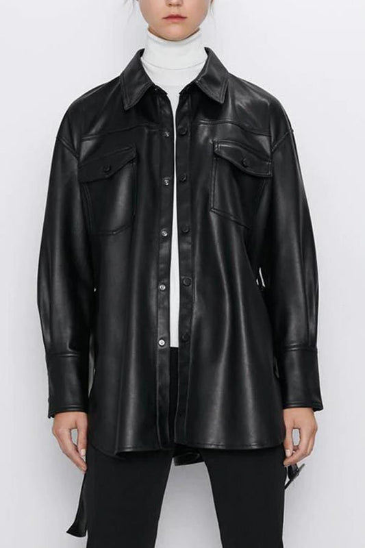 Faux Leather Button / waist Adjustable Belt Shirt/Jacket